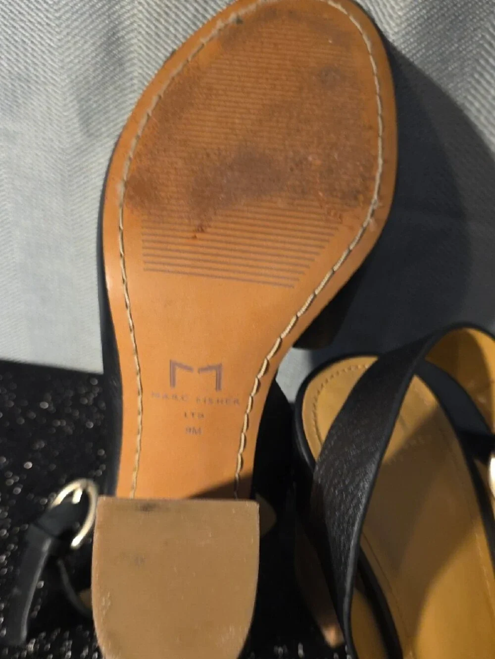 Marc Fisher Black Open-Peep Toe Slingback Sandals with Tan Insole